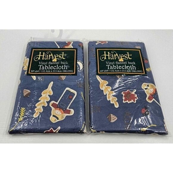 New Vintage HARVEST Set of 2 Vinyl Waterproof FLannel Back Tablecloth 60×84